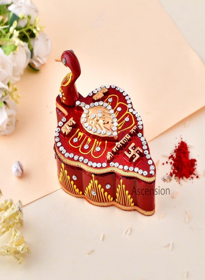 ascension Handicrafts Tika Chopra in Peacock Shape Meenakari Work/Kumkum Box with Chawal-Akshat-Haldi Wooden Chopda for Gift and Pooja Decorative Purpose Item - Image 2